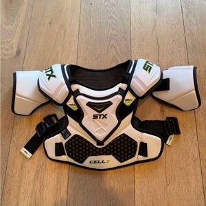 STX Cell V Adjustable Cap lacrosse shoulder pad- Black and White. Size small.